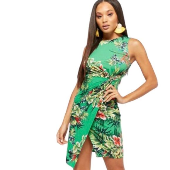 Forever 21 Dresses & Skirts - Forever 21 Green Tropical Floral Print Mock Wrap Dress - Size XL